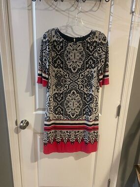 Dress Barn Black and White Midi Dress with Red Trim
